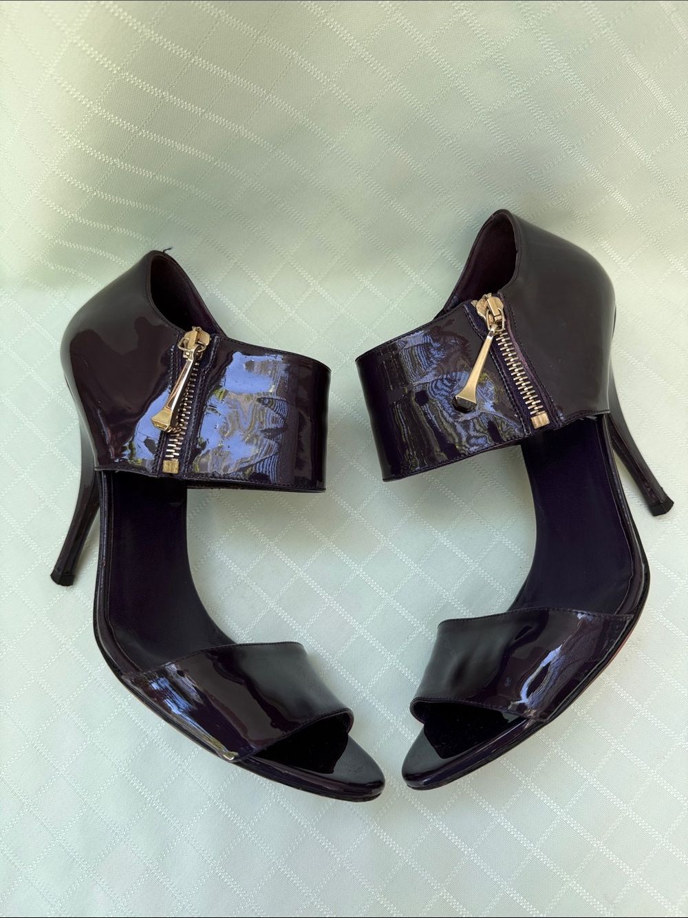 Gucci Glossy Dark Plum Patent High Heel Sandals with Gold Hardware